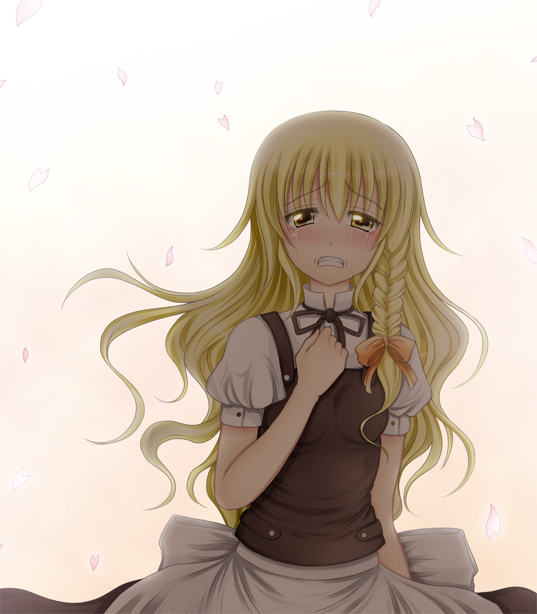 mazakura senju, kirisame marisa, touhou, bad id, bad pixiv id, highres, 1girl, blonde hair, blush, braid, cherry blossoms, clenched teeth, crying, crying with eyes open, female focus, gradient background, hat, long hair, petals, sad, solo, tears, teeth, yellow eyes
