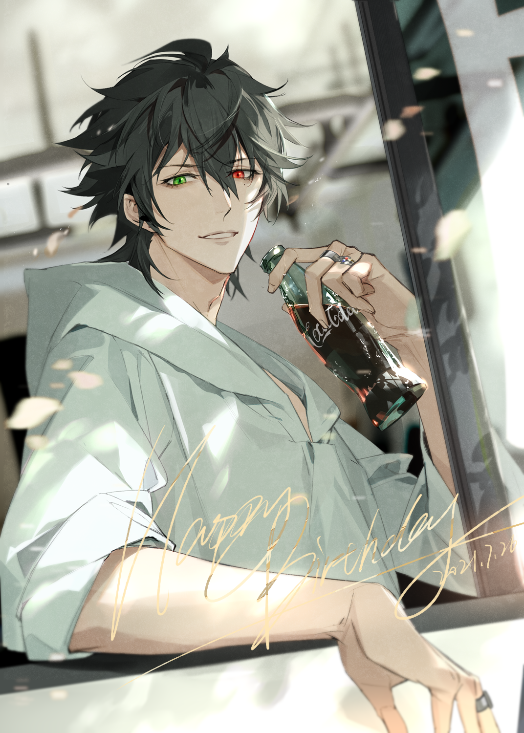 maosanmu, yamada ichiro, hypnosis mic, chinese commentary, highres, 1boy, ahoge, black hair, blurry, bottle, dated, earrings, english text, falling petals, green eyes, hair between eyes, happy birthday, heterochromia, holding, holding bottle, hood, hood down, hoodie, indoors, jewelry, looking at viewer, male focus, multiple rings, parted lips, petals, piercing, red eyes, ring, short hair, sleeves rolled up, smile, soda bottle, solo, upper body, white hoodie, window
