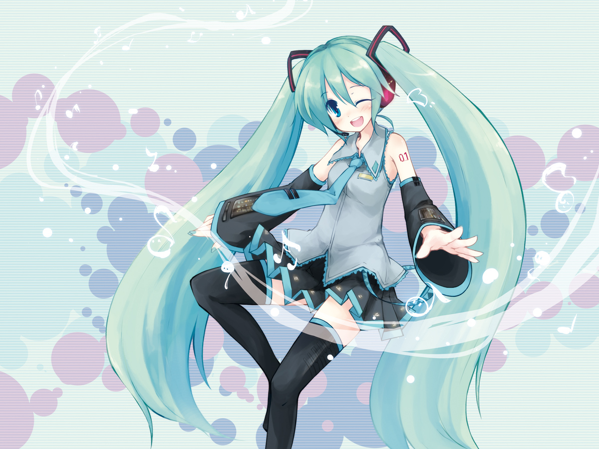 ykt, yukitarou (awamori), hatsune miku, vocaloid, detached sleeves, green hair, long hair, necktie, smile, solo, thighhighs, twintails, very long hair