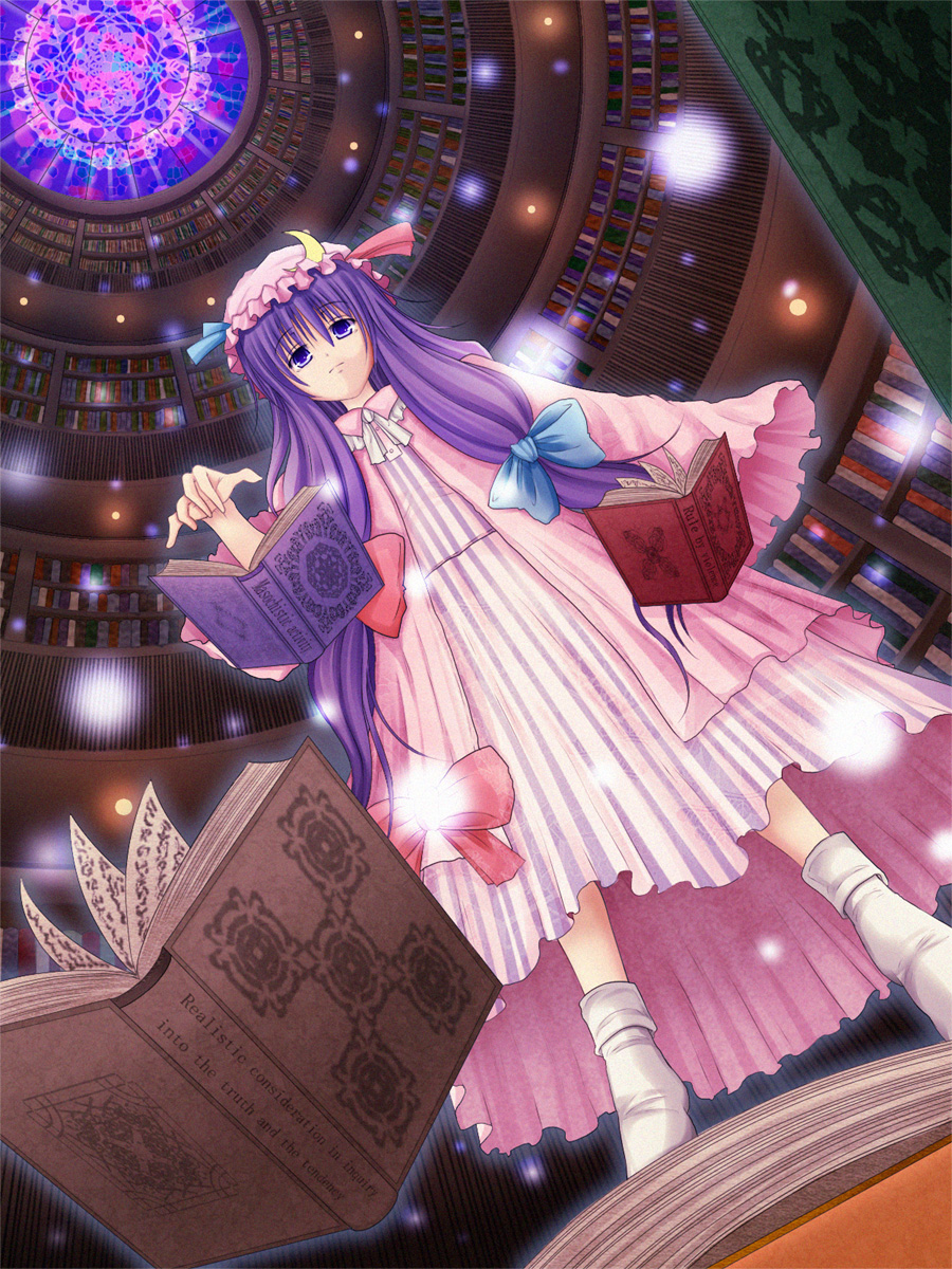 mazakura senju, patchouli knowledge, touhou, bad id, bad pixiv id, highres, 1girl, book, bow, female focus, long hair, pink bow, purple eyes, purple hair, ribbon, solo