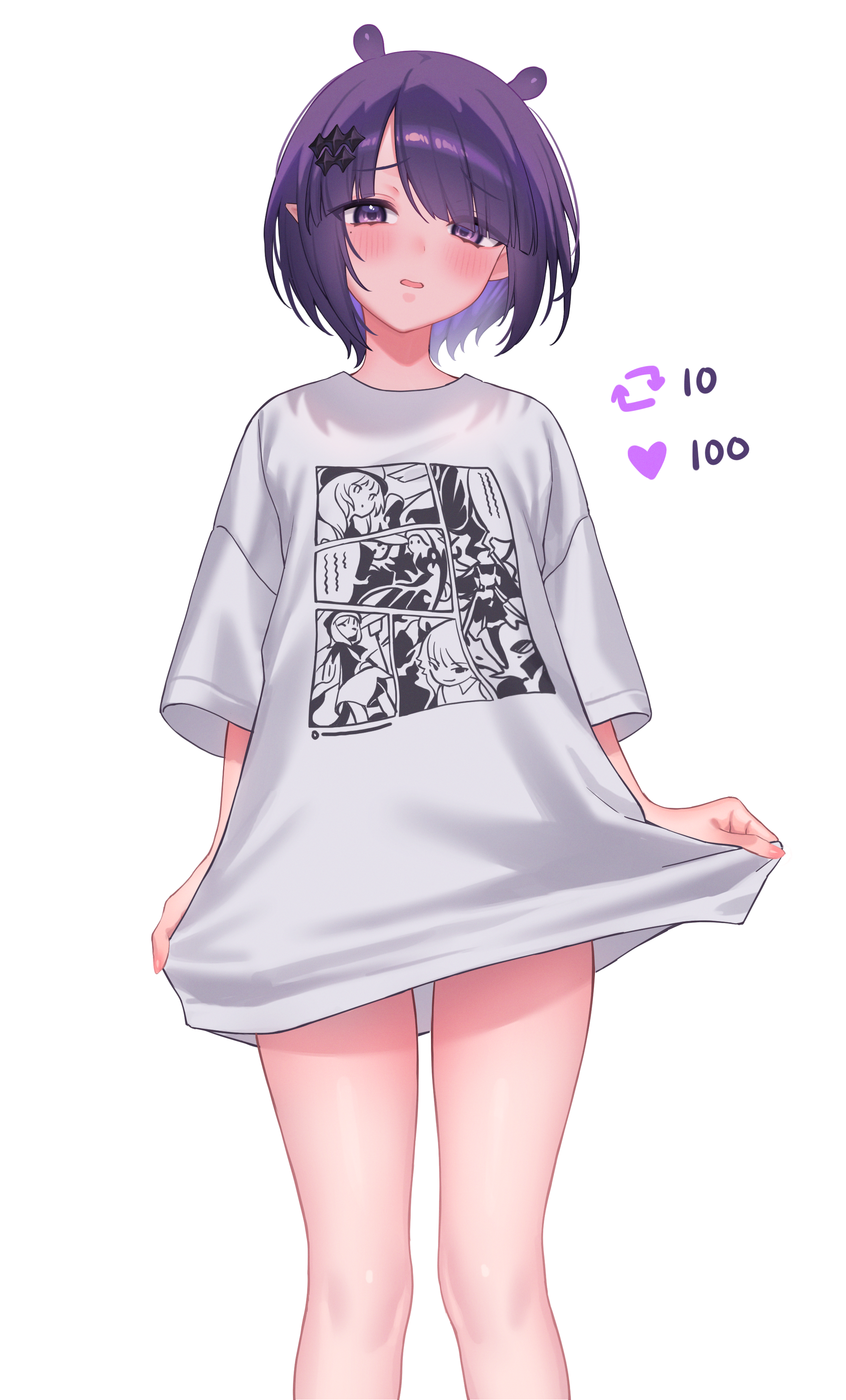 beyo, ninomae ina'nis, ninomae ina'nis (loungewear), hololive, hololive english, absurdres, commentary, english commentary, highres, 1girl, like and retweet, looking at viewer, official alternate costume, official alternate hairstyle, pointy ears, print shirt, purple eyes, purple hair, shirt, short hair, simple background, solo, tentacle hair, twitter strip game, virtual youtuber, white background, white shirt
