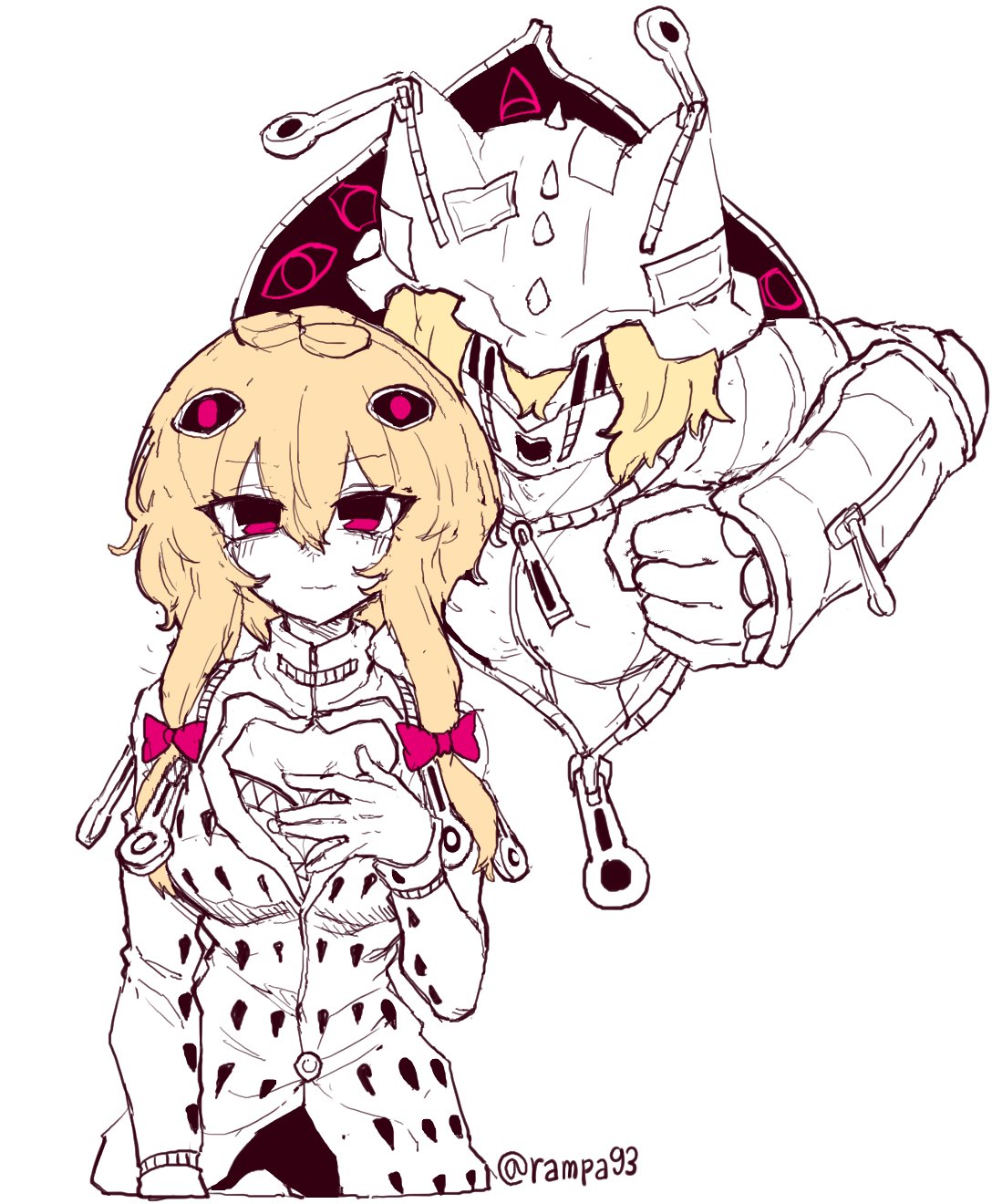 rampa93, bruno bucciarati, sticky fingers (stand), yakumo ran, yakumo yukari, jojo no kimyou na bouken, touhou, commentary, highres, 2girls, breasts, bruno bucciarati (cosplay), cleavage, cleavage cutout, closed mouth, clothing cutout, cosplay, gap (touhou), hair ornament, hair ribbon, hairclip, hand on own chest, hat, helmet, jacket, jojo pose, large breasts, light smile, long hair, long sleeves, looking at viewer, multiple girls, open mouth, pink eyes, polka dot, ribbon, stand (jojo), twitter username, white jacket, zipper pull tab