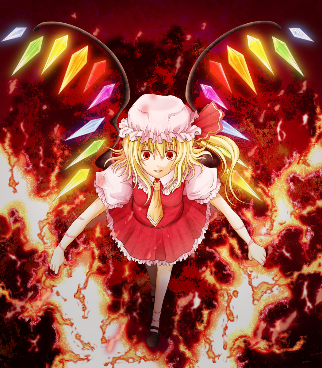 mazakura senju, flandre scarlet, touhou, bad id, bad pixiv id, highres, 1girl, blonde hair, female focus, fire, full body, hat, red eyes, ribbon, short hair, solo, wings