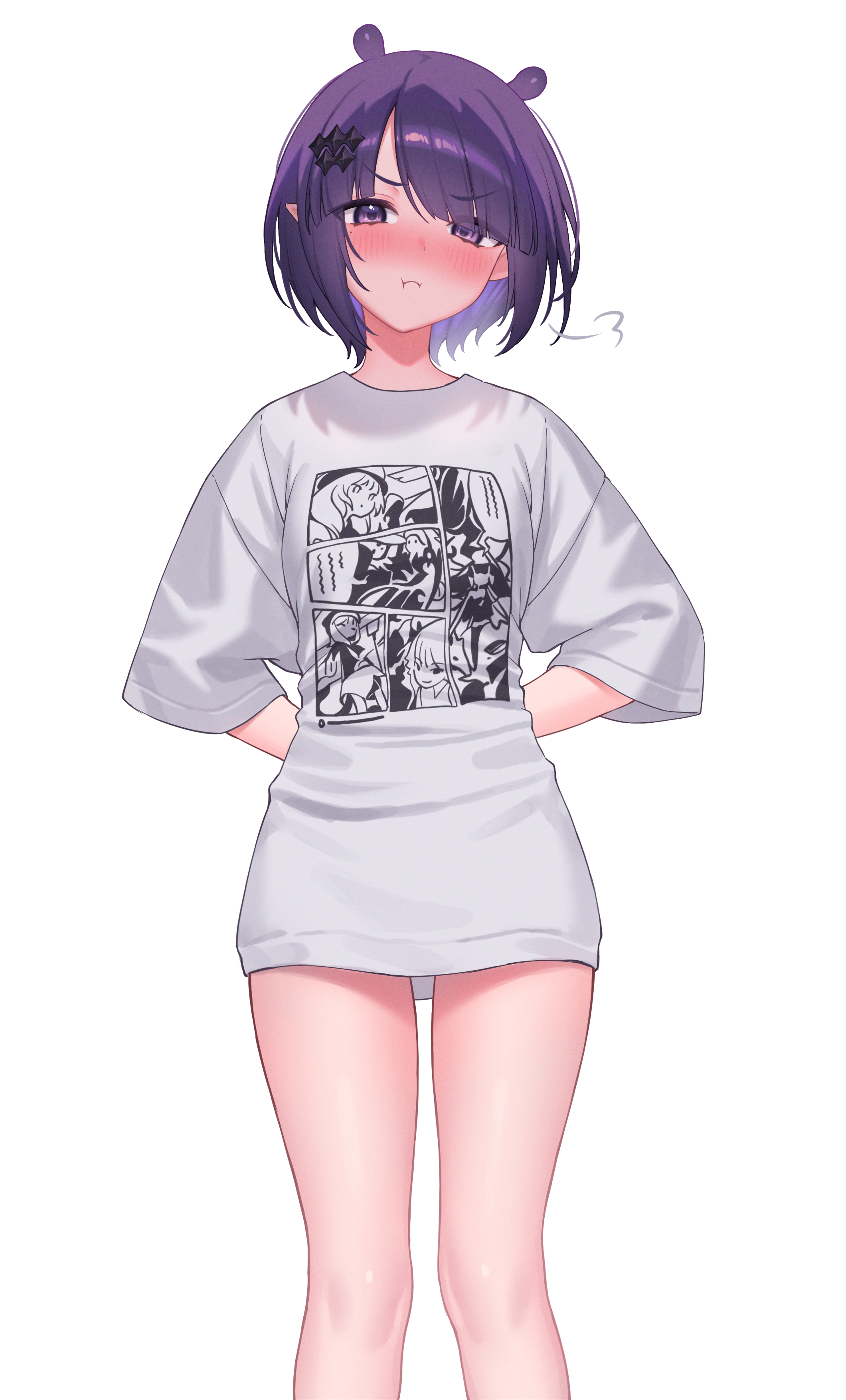 beyo, ninomae ina'nis, ninomae ina'nis (loungewear), hololive, hololive english, absurdres, commentary, english commentary, highres, 1girl, blush, looking at viewer, nose blush, official alternate costume, official alternate hairstyle, pointy ears, pout, print shirt, purple eyes, purple hair, shirt, short hair, simple background, solo, tentacle hair, virtual youtuber, white background, white shirt