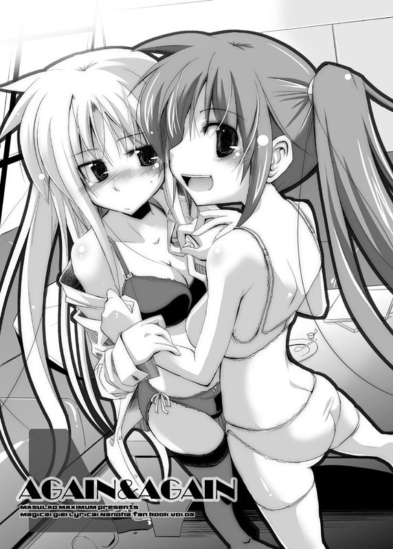 kazekawa nagi, fate testarossa, takamachi nanoha, lyrical nanoha, mahou shoujo lyrical nanoha, mahou shoujo lyrical nanoha strikers, 00s, 2girls, bra, butt crack, greyscale, lingerie, monochrome, multiple girls, panties, thighhighs, underwear, underwear only