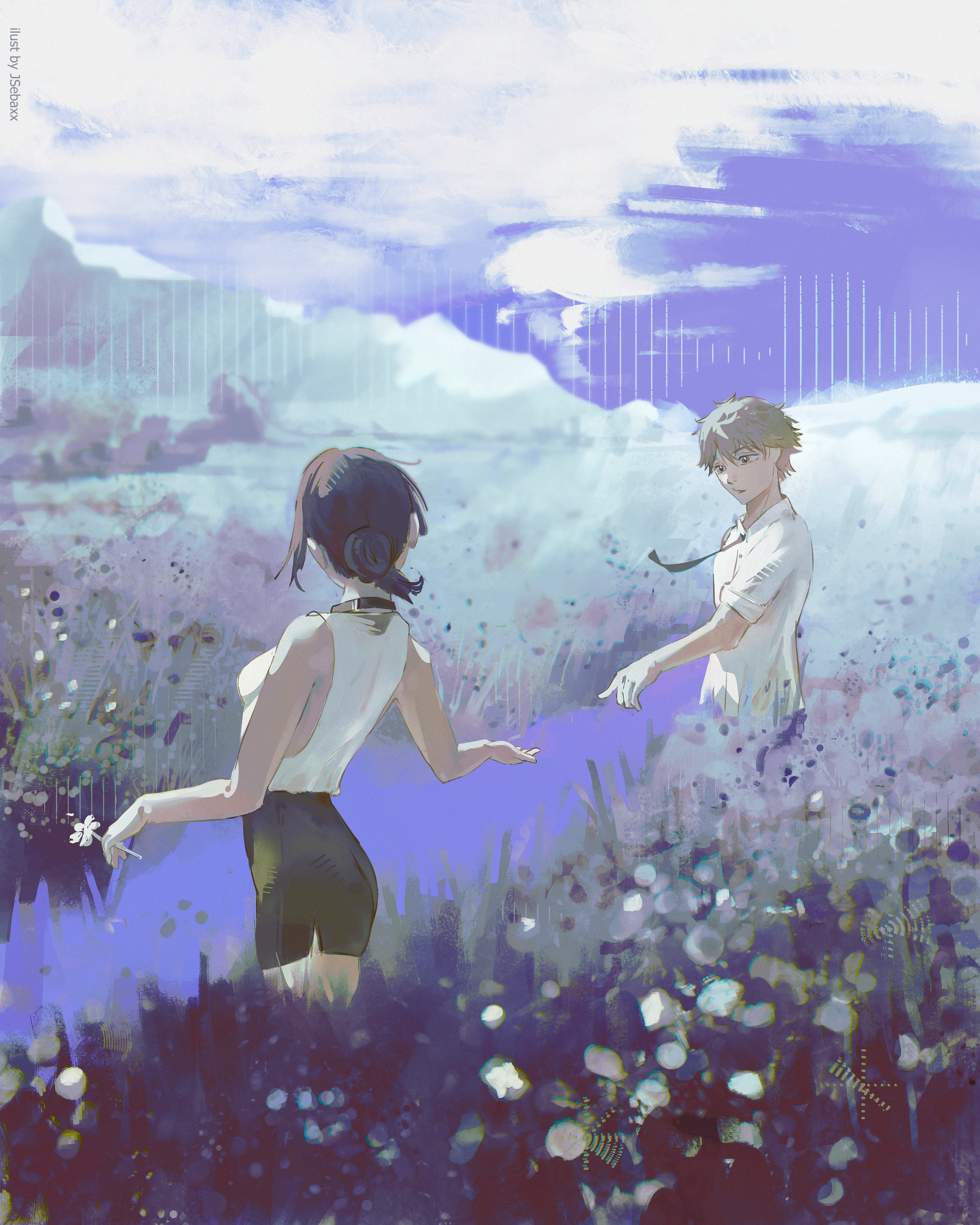 jsebaxx, denji (chainsaw man), reze (chainsaw man), chainsaw man, absurdres, highres, 1boy, 1girl, black choker, black hair, black necktie, black shorts, blonde hair, choker, flower, hair bun, holding, holding flower, necktie, shirt, short hair, shorts, sleeveless, sleeveless shirt, sleeves rolled up, white flower, white shirt