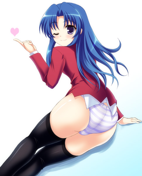 rakkyo, kawashima ami, toradora!, 00s, 1girl, ass, black thighhighs, blowing kiss, bottomless, female focus, heart, no pants, one eye closed, panties, school uniform, solo, striped clothes, striped panties, thighhighs, underwear, wink
