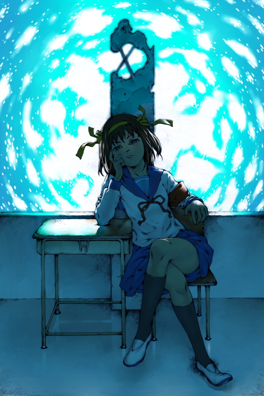 tamo imai, suzumiya haruhi, suzumiya haruhi no yuuutsu, bad id, bad pixiv id, highres, 00s, armband, black socks, brown eyes, brown hair, chair, crossed legs, desk, eyebrows hidden by hair, hairband, kneehighs, on chair, school uniform, serafuku, short hair, sitting, socks, solo