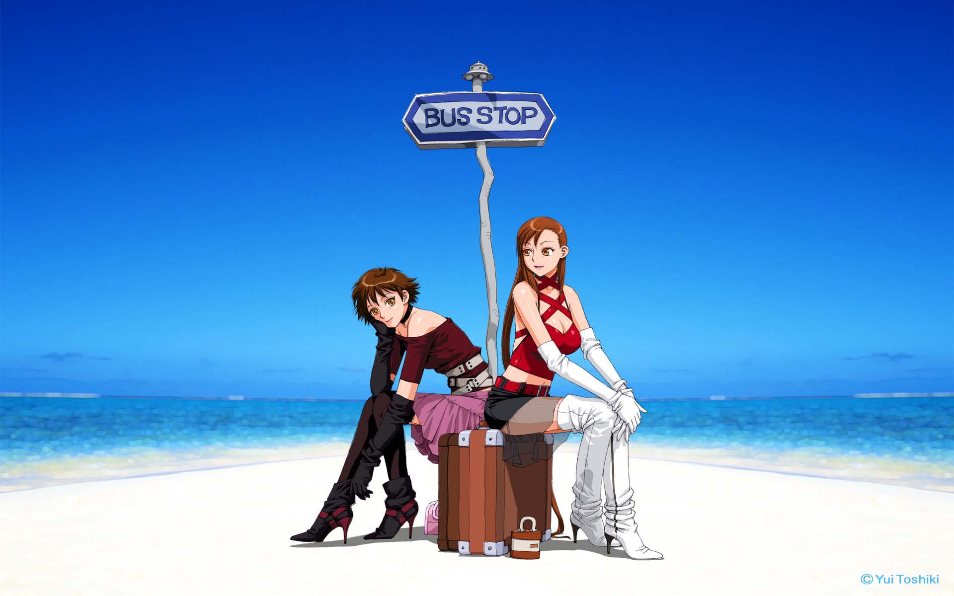 yui toshiki, kashiwagi makoto, boku no futatsu no tsubasa, highres, jpeg artifacts, 2girls, bag, beach, belt, black thighhighs, boots, brown eyes, brown hair, choker, day, elbow gloves, gloves, handbag, high heels, ichimaru hiromi, lipstick, long hair, makeup, miniskirt, multiple girls, ocean, outdoors, pleated skirt, see-through clothes, shoes, short hair, sitting, skirt, sky, smile, suitcase, tank top, thighhighs, very long hair, water, white thighhighs, zettai ryouiki