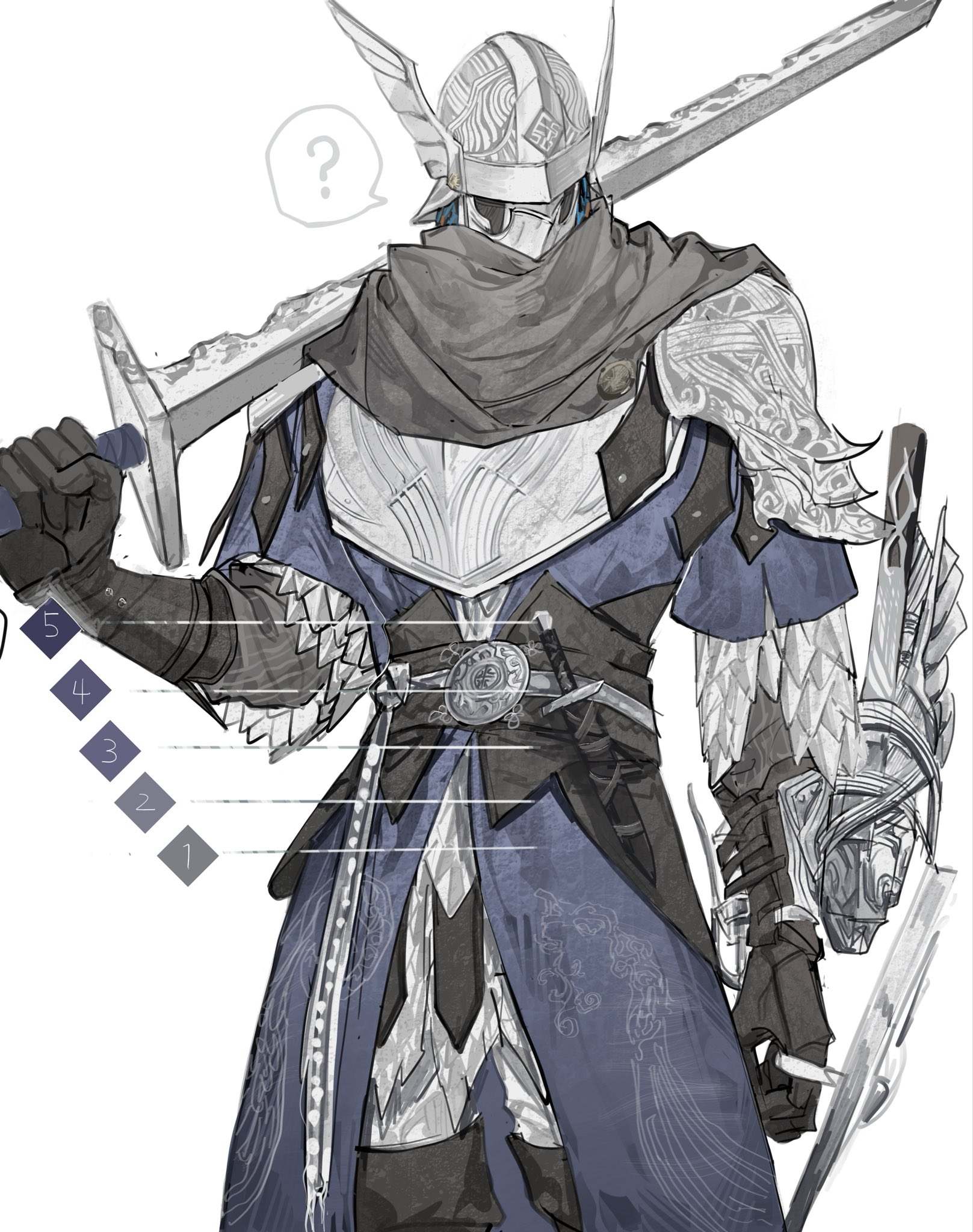sunset 1830, wylder (elden ring), elden ring, elden ring nightreign, commentary request, highres, 1boy, ?, armor, black boots, black gloves, black scarf, blue coat, boots, coat, gloves, helmet, holding, holding sword, holding weapon, knight, male focus, over shoulder, pants, pauldrons, scarf, short sleeves, shoulder armor, simple background, solo, speech bubble, spoken question mark, sword, sword over shoulder, weapon, weapon over shoulder, white background, winged helmet