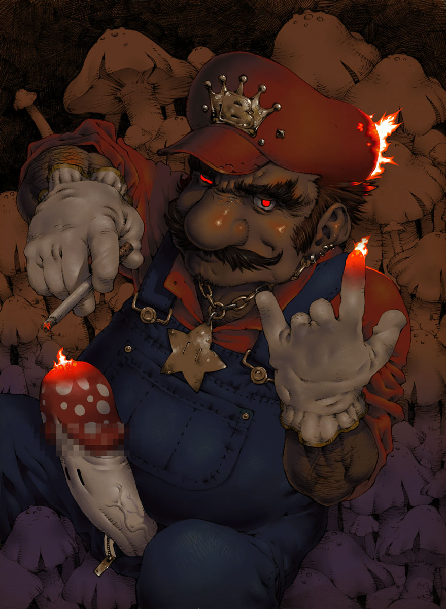 tamo imai, mario, super star (mario), mario (series), nintendo, bad id, bad pixiv id, highres, 1boy, n/, arm hair, arm up, brown hair, burning, censored, chain, chest hair, cigarette, closed mouth, creepy, dark, ear piercing, earrings, erection, facial hair, fat mons, fire, fly agaric, frilled gloves, frills, gloves, glowing, glowing eyes, goatee, gold chain, hand up, hat, holding, holding cigarette, horror (theme), huge penis, jewelry, looking at viewer, m/, male focus, medal, medallion, mosaic censoring, multiple piercings, muscular, mushroom, mustache, nose, open fly, overalls, penis, piercing, pocket, pointless censoring, red eyes, red hat, single letter, sitting, solo, super mushroom, thick eyebrows, ugly bastard, unzipped, veins, veiny penis, white gloves, zipper, zipper pull tab, | |