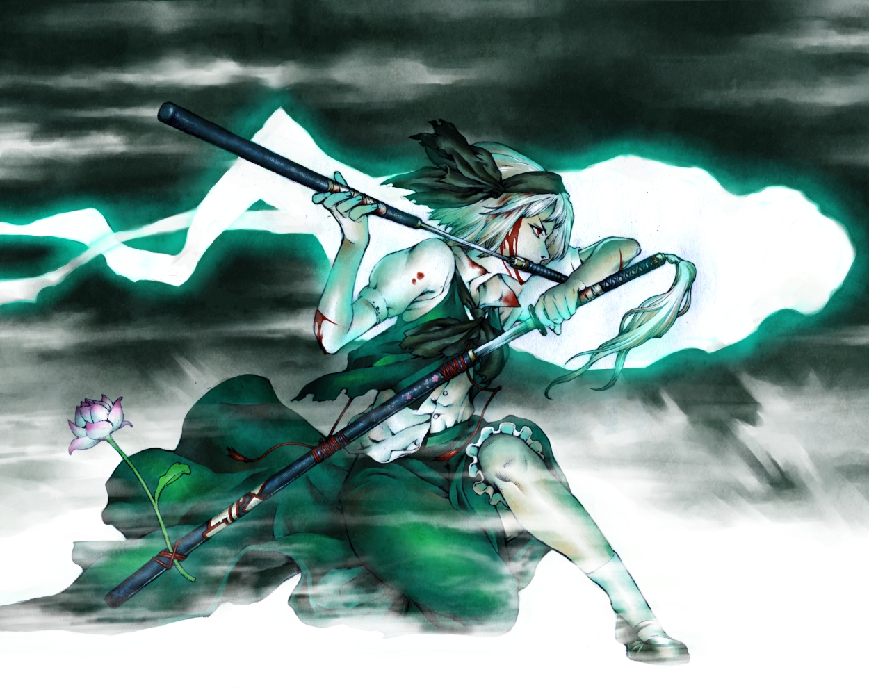 tamo imai, konpaku youmu, konpaku youmu (ghost), touhou, white legwear, bad id, bad pixiv id, 1girl, action, black shoes, blood, blood in hair, blood on clothes, blood on face, blouse, covered mouth, cuts, female focus, flower, frown, hitodama, holding, holding sword, holding weapon, injury, mouth hold, multicolored flower, on one knee, scabbard, sheath, shirt, shoes, solo, sword, torn clothes, unsheathing, weapon, white shirt