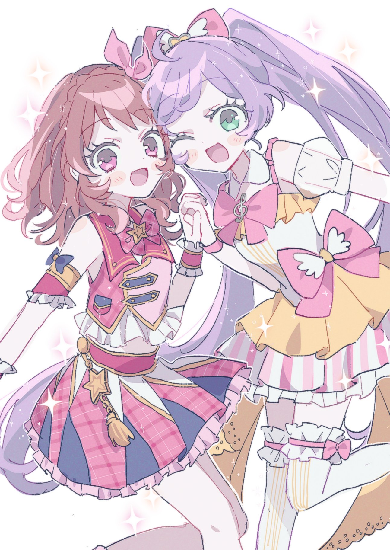 uta (utamilk), manaka laala, ozora akari, aikatsu!, aikatsu! (series), pretty series, pripara, commentary request, highres, 2girls, :d, ;d, ahoge, aikatsu! x pripara the movie -deai no kiseki!-, bow, braid, brown hair, crossover, detached sleeves, dress, frilled dress, frilled skirt, frilled thighhighs, frills, genre connection, green eyes, hair bow, idol clothes, long hair, looking at viewer, miniskirt, multicolored dress, multiple girls, one eye closed, open mouth, pink bow, pink shirt, puffy detached sleeves, puffy sleeves, purple hair, red eyes, shirt, simple background, skirt, smile, standing, standing on one leg, star (symbol), tassel, thighhighs, treble clef, twintails, very long hair, white background, white thighhighs