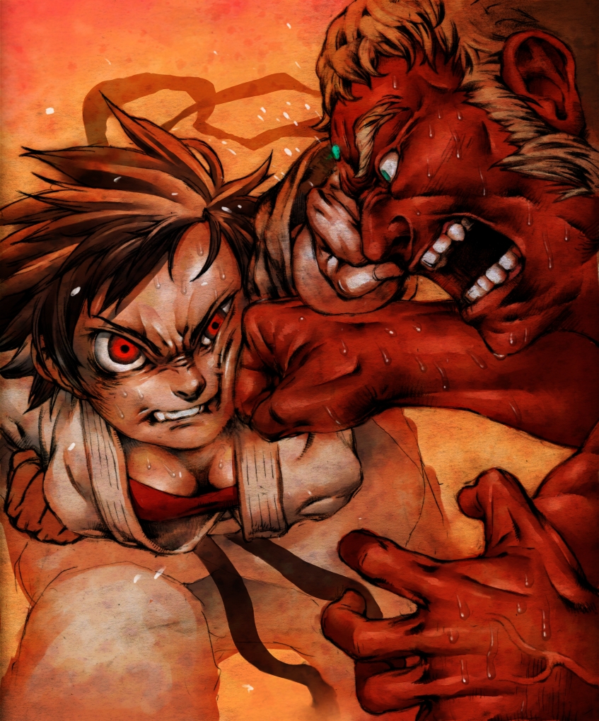 tamo imai, makoto (street fighter), urien, capcom, street fighter, street fighter iii (series), bad id, bad pixiv id, 1boy, 1girl, action, angry, aqua eyes, battle, breasts, brown hair, cleavage, crosscounter, dougi, downblouse, epic, face punch, headband, in the face, large breasts, punching, red eyes, short hair, sweat