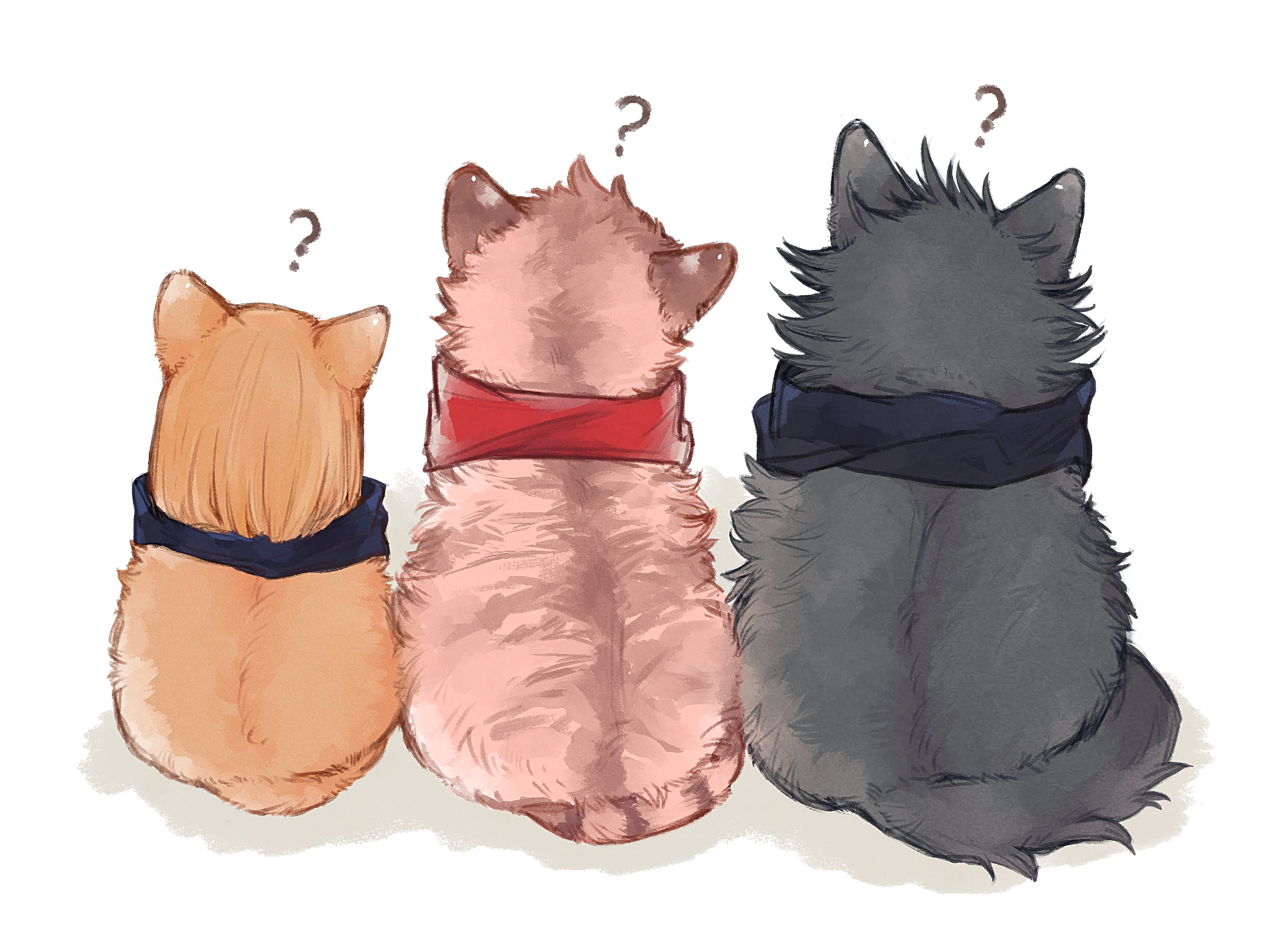 fushiguro megumi, itadori yuuji, kugisaki nobara, jujutsu kaisen, commentary request, highres, 1girl, 2boys, ?, animal, animalization, brown fur, brown hair, cat, from behind, grey fur, head tilt, makoto juju, male focus, multiple boys, no humans, pink fur, scarf
