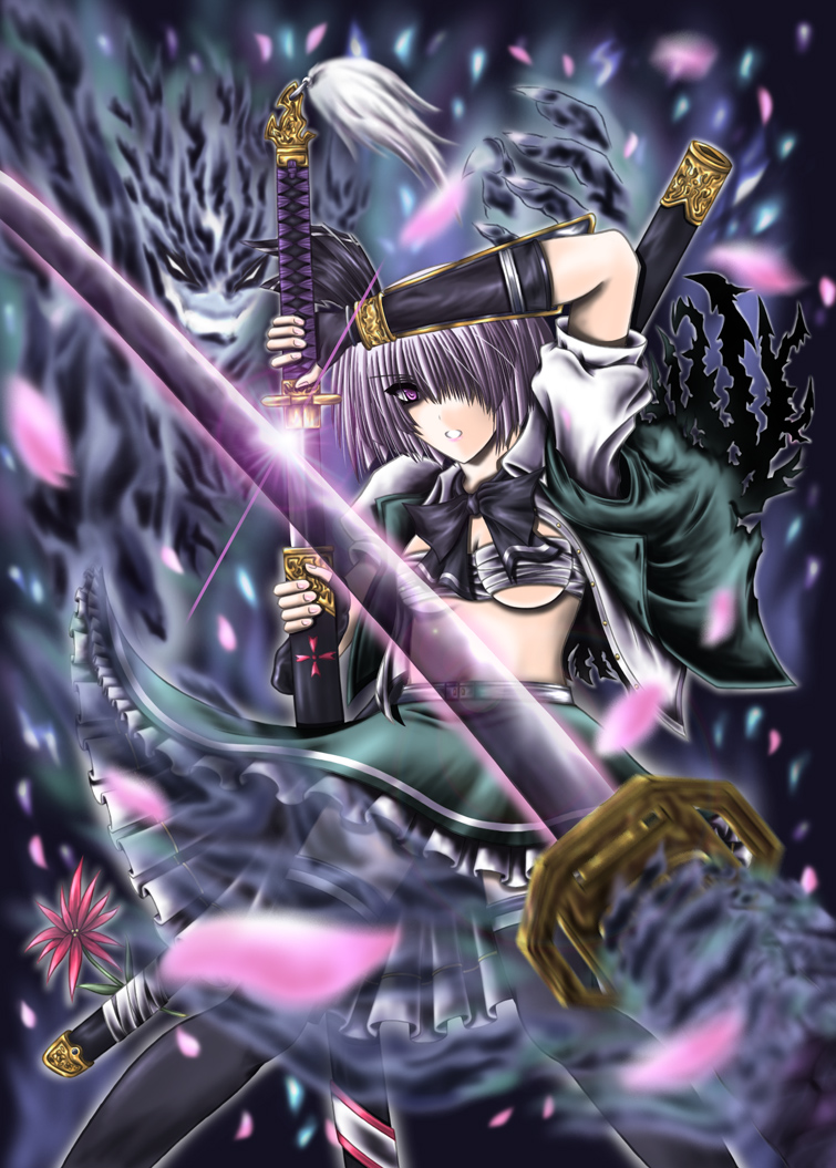 merlyn, konpaku youmu, konpaku youmu (ghost), touhou, silver hair, 1girl, black thighhighs, breasts, female focus, flower, hitodama, lens flare, purple eyes, ribbon, sarashi, skirt, solo, sword, thighhighs, underboob, weapon