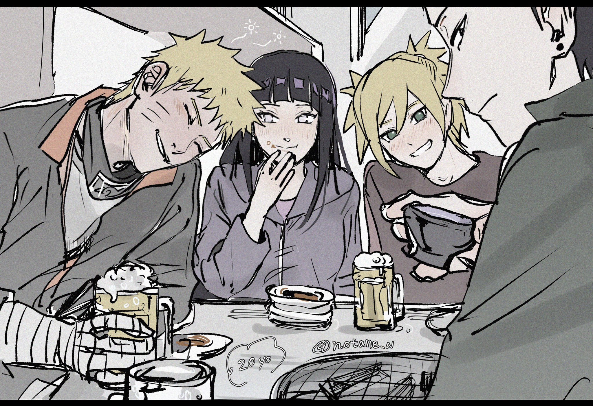 notane n, hyuuga hinata, nara shikamaru, temari (naruto), uzumaki naruto, naruto (series), highres, 2boys, 2girls, bandaged hand, bandages, beer mug, black border, black hair, black jacket, blonde hair, blunt bangs, blush, border, breasts, closed eyes, couple, cup, earrings, facial mark, food, food on face, grey jacket, grin, hair between eyes, hime cut, holding, holding cup, jacket, jewelry, long hair, medium breasts, mug, multiple boys, multiple girls, parted lips, short hair, sketch, smile, spiked hair, squeans, table, teeth, twintails, whisker markings