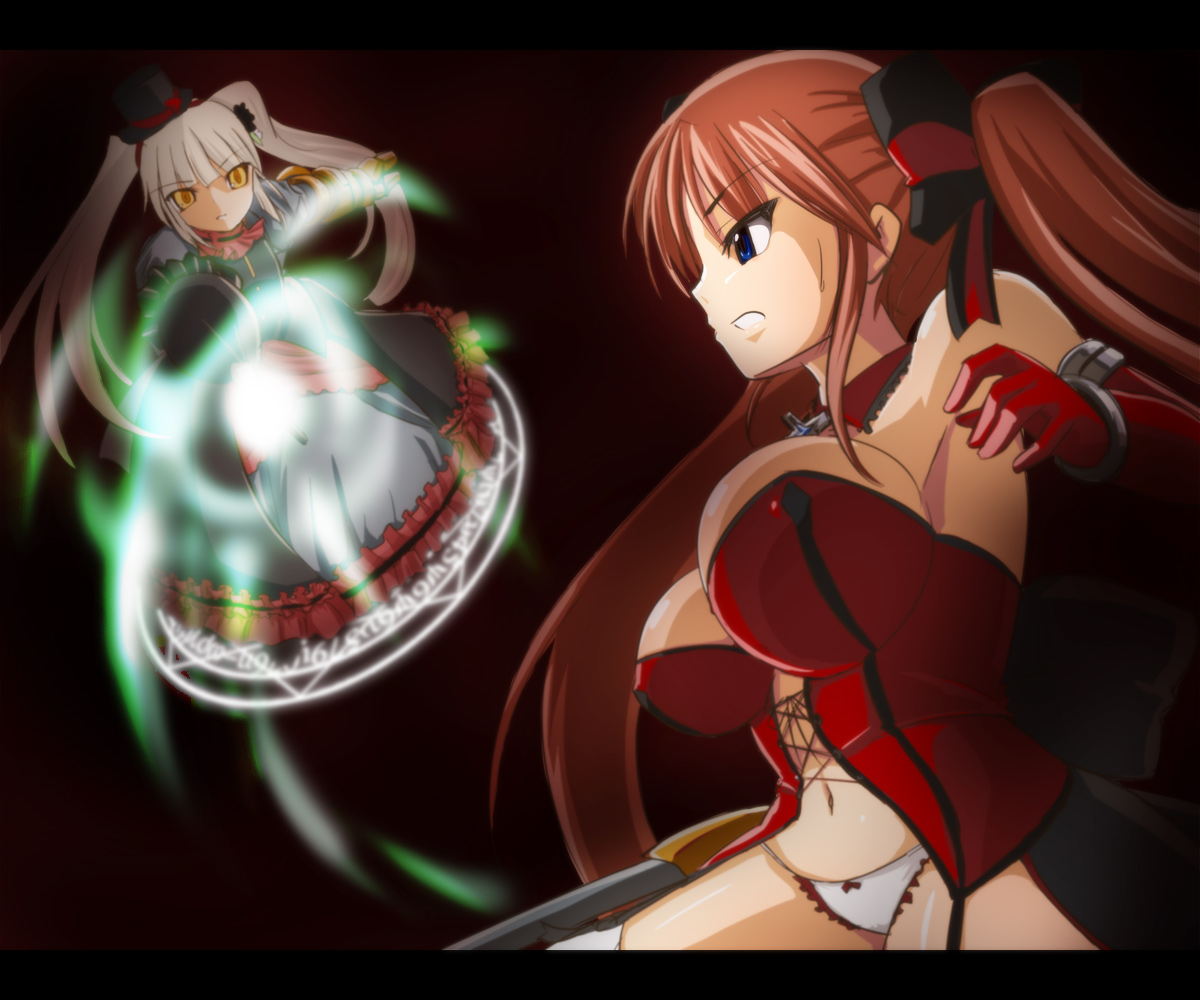 tokihama jirou, eisen prinzessin, 2girls, blue eyes, breasts, brown hair, bustier, elbow gloves, gloves, huge breasts, lingerie, multiple girls, navel, panties, underwear, white hair, yellow eyes