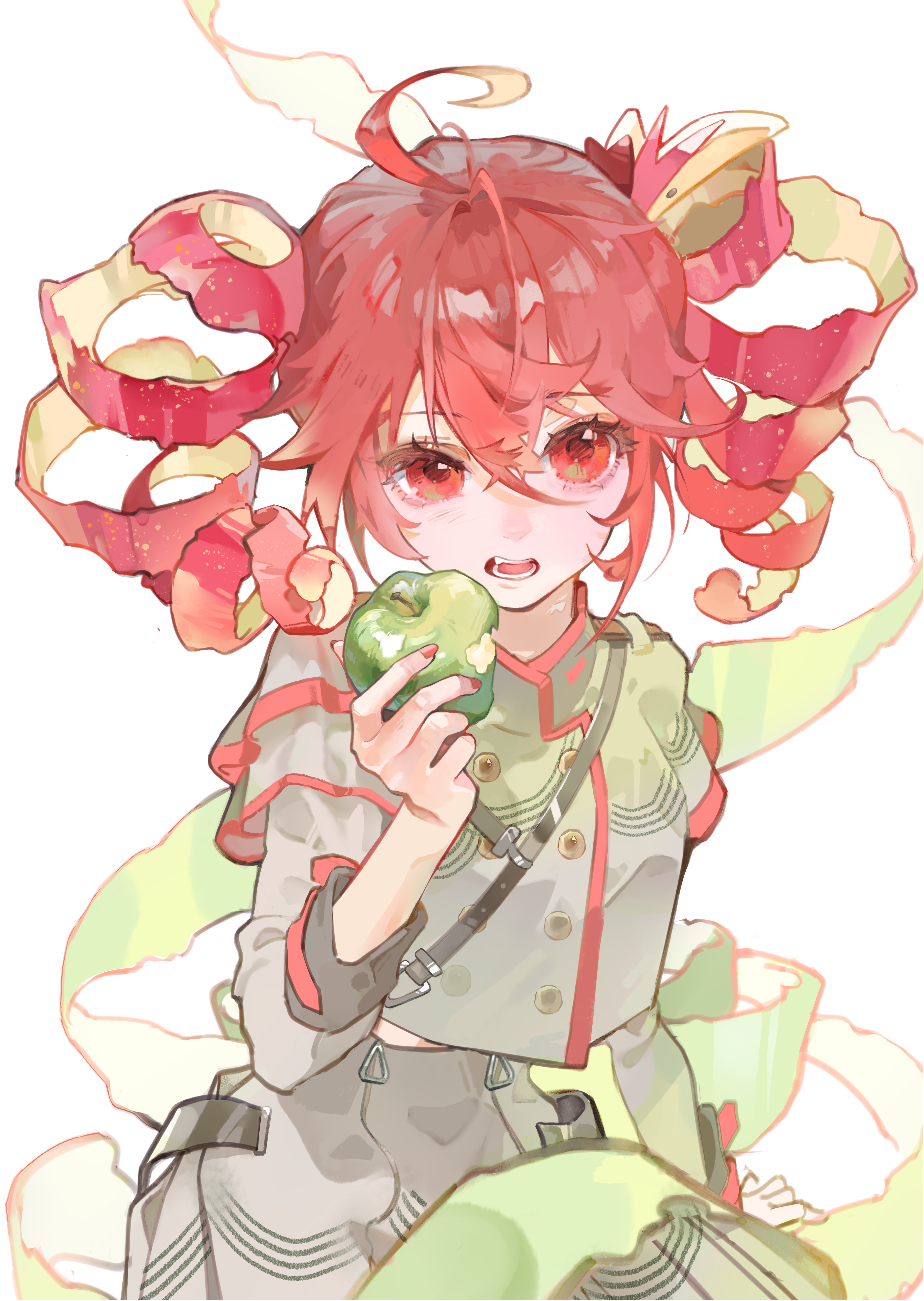 kasane teto, kasane teto (sv), synthesizer v, utau, absurdres, highres, 1girl, ahoge, apple, apple peel, buttons, cowboy shot, donggan xiao shayu, double-breasted, drill hair, food, fruit, grey jacket, grey skirt, hair between eyes, holding, holding food, holding fruit, jacket, long sleeves, open mouth, red eyes, red hair, short hair, simple background, skirt, solo, twin drills, white background