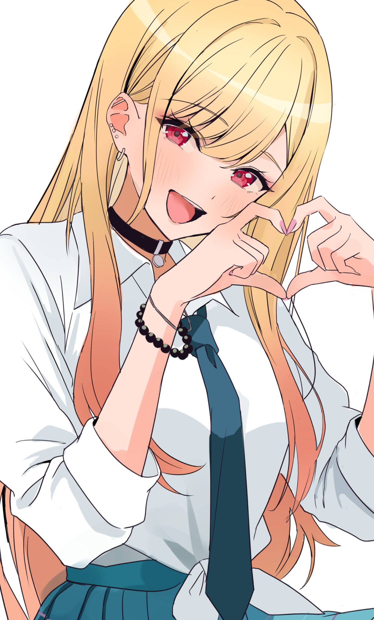 nakano kura, kitagawa marin, sono bisque doll wa koi wo suru, highres, 1girl, blonde hair, blush, breasts, choker, earrings, four-finger heart hands, gradient hair, green necktie, green skirt, heart, heart hands, jewelry, long hair, looking at viewer, medium breasts, multicolored hair, necktie, open mouth, orange hair, red eyes, shirt, skirt, smile, solo, tied shirt, white shirt