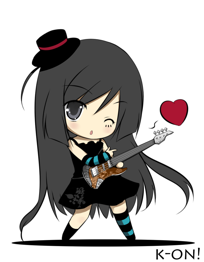 airast, akiyama mio, don't say "lazy", k-on!, striped, bad id, bad pixiv id, 00s, 1girl, bass guitar, black eyes, black hair, chibi, female focus, guitar, hat, heart, instrument, long hair, mini hat, mini top hat, one eye closed, solo, top hat, wink