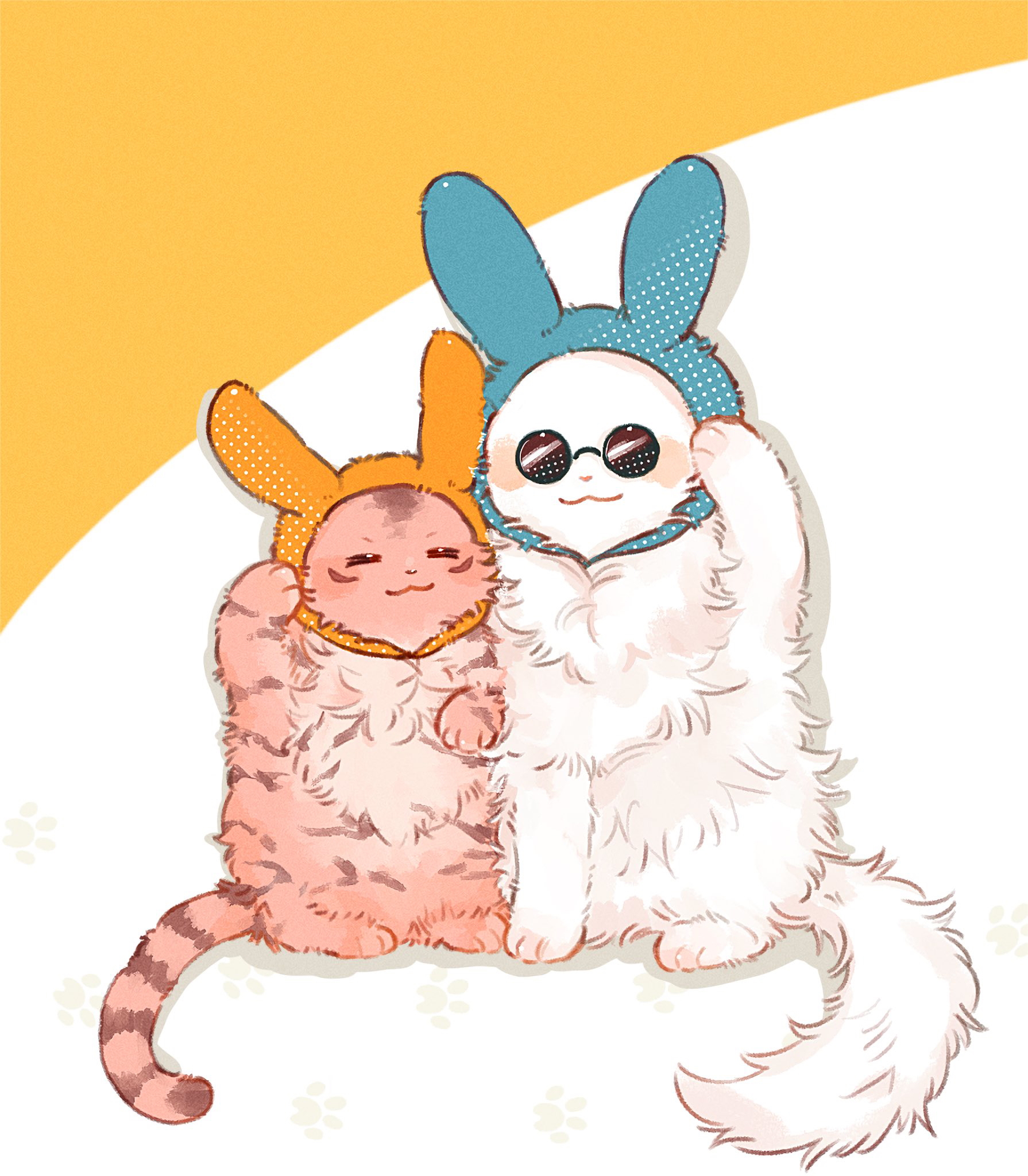gojou satoru, itadori yuuji, jujutsu kaisen, commentary request, highres, 2boys, :3, animal, animal ears, animal hood, animalization, blush stickers, cat, fake animal ears, hood, makoto juju, multiple boys, no humans, pink fur, rabbit hood, smile, sunglasses, white fur