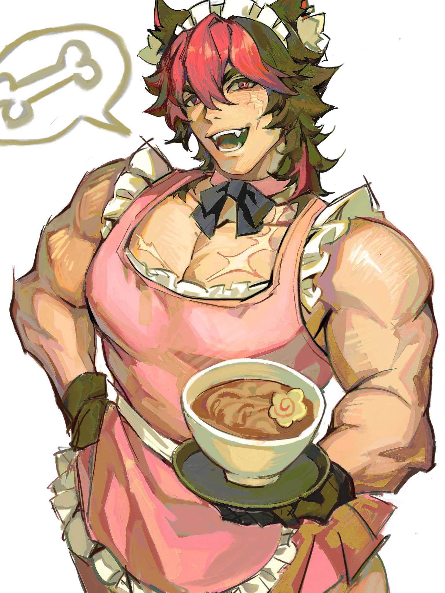 komano manato, zenless zone zero, commentary, english commentary, highres, 1boy, animal ear fluff, animal ear piercing, animal ears, apron, black bow, black gloves, black hair, bone, bow, bowl, choker, collarbone, cowboy shot, double-parted bangs, facial scar, fangs, fish cake, food, frilled apron, frills, gloves, hair between eyes, hand on own hip, holding, holding plate, image in speech bubble, looking at viewer, maid apron, maid headdress, male focus, medium hair, multicolored hair, multiple scars, muscular, muscular male, naked apron, noodles, open mouth, pectoral cleavage, pectorals, pink apron, pink choker, plate, ramen, red eyes, red hair, scar, scar on cheek, scar on chest, scar on face, simple background, smile, solo, speech bubble, teeth, two-tone hair, white background, yaoyuniz55275