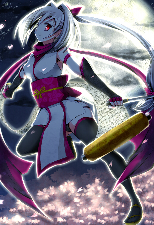npon515, original, albino, cherry blossoms, full moon, japanese clothes, kimono, kunai, long hair, moon, ninja, red eyes, scroll, solo, thighhighs, weapon, white hair