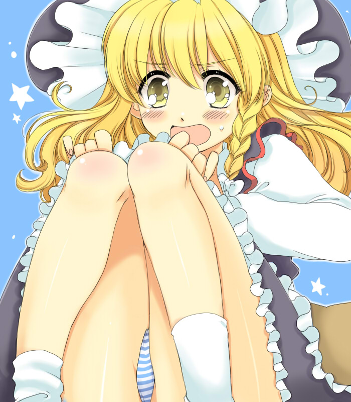 chigo, kirisame marisa, touhou, 1girl, blonde hair, blush, embarrassed, female focus, legs, long hair, panties, pantyshot, sitting, solo, striped clothes, striped panties, surprised, underwear, yellow eyes