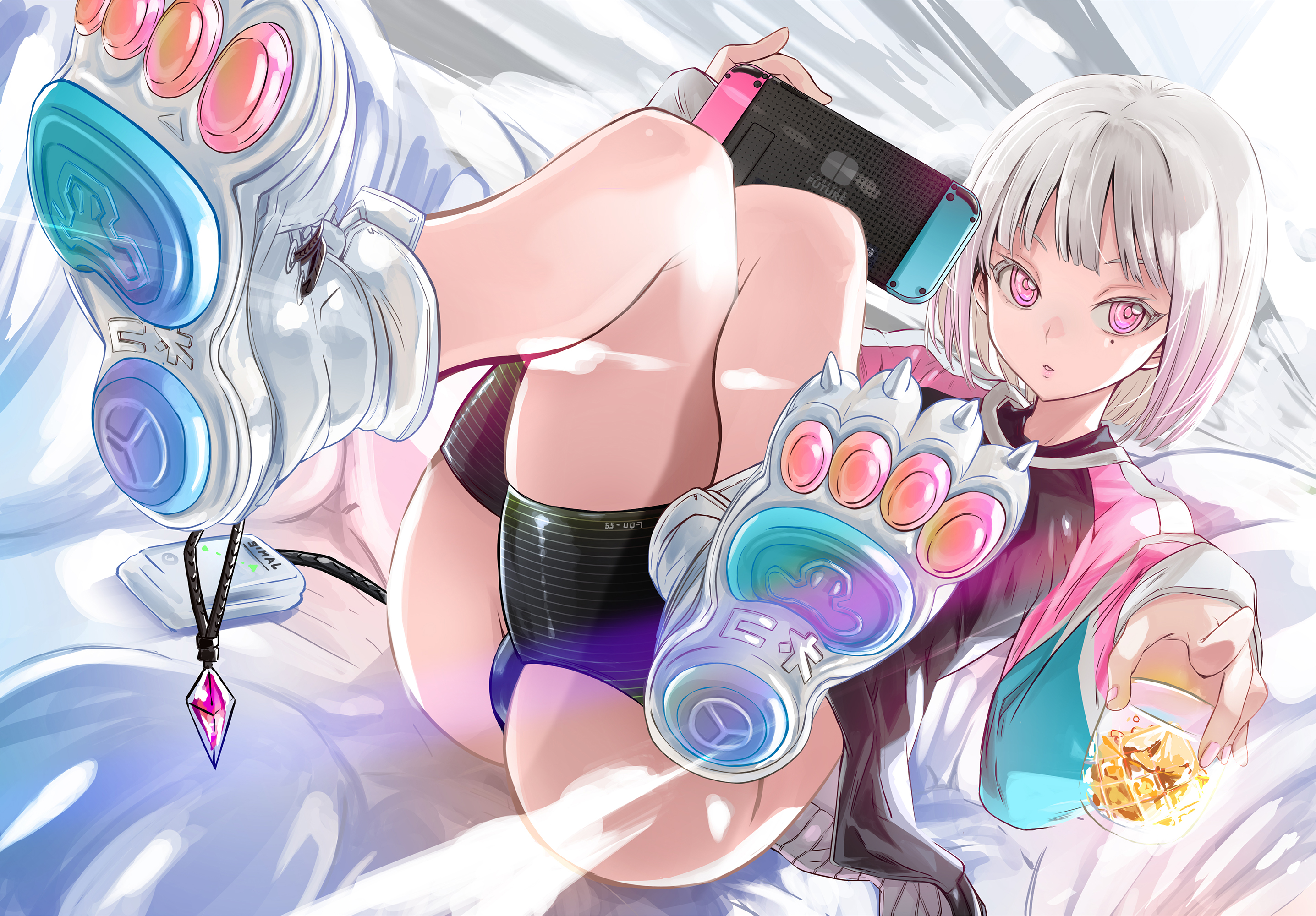 l.f., original, commentary request, highres, 1girl, ass, black panties, black shorts, blunt bangs, bob cut, crossed legs, cup, feet, gradient hair, grey hair, handheld game console, holding, holding cup, holding handheld game console, ice, ice cube, jacket, legs, long sleeves, looking at viewer, mole, mole under eye, multicolored hair, nintendo switch, panties, parted lips, pink eyes, pink hair, pink jacket, shoes, short hair, shorts, solo, thighs, two-tone hair, underwear, white shoes