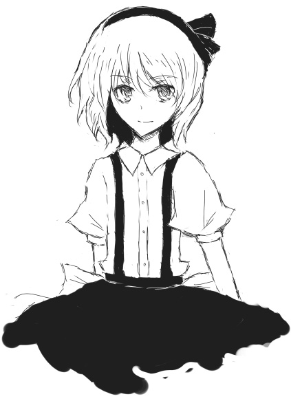 en (engawa), alice margatroid, alice margatroid (pc-98), mystic square, touhou, touhou (pc-98), 1girl, expressionless, female focus, greyscale, looking at viewer, monochrome, puffy short sleeves, puffy sleeves, short hair, short sleeves, simple background, skirt, solo, suspender skirt, suspenders, white background