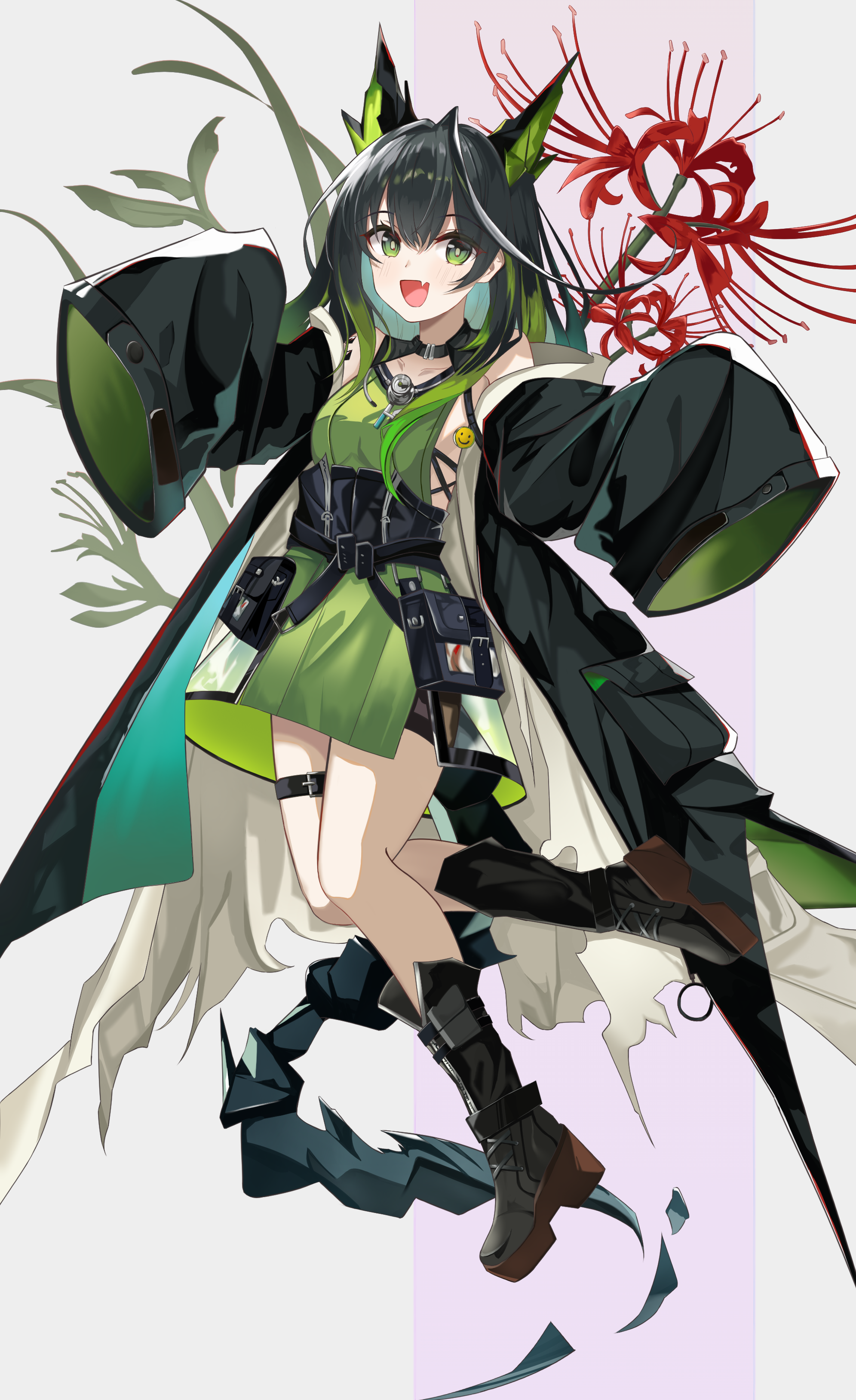mon3tr (arknights), arknights, absurdres, highres, 1girl, black boots, black hair, black jacket, boots, green eyes, green hair, green shirt, grey background, hair between eyes, jacket, long hair, multicolored hair, purple background, shirt, solo, thigh strap, thighs, two-tone background, two-tone hair, yoru tukibosi