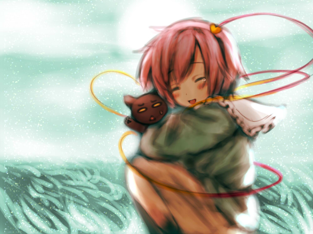 irusu, kaenbyou rin, kaenbyou rin (cat), komeiji satori, touhou, 1girl, blush, cat, closed eyes, female focus, hug, sitting, smile, solo, tears