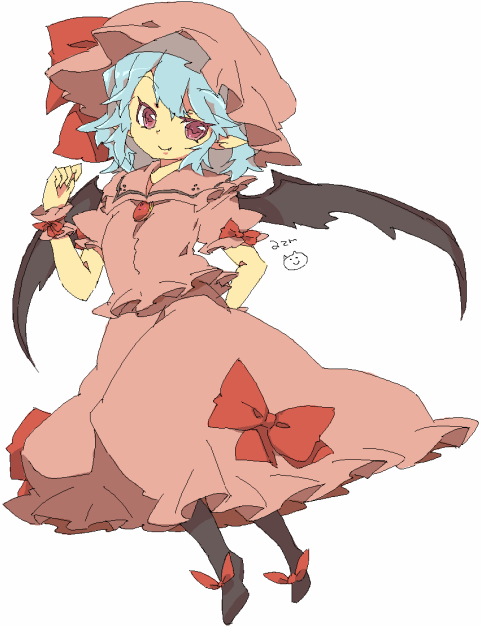 azuma seiji, remilia scarlet, touhou, 1girl, bat wings, blue hair, bow, brooch, dress, fang, female focus, footwear ribbon, full body, hat, hat ribbon, jewelry, looking at viewer, mob cap, pink dress, pointy ears, puffy short sleeves, puffy sleeves, red bow, red eyes, ribbon, shoes, short hair, short sleeves, smile, solo, white background, wings, wrist cuffs