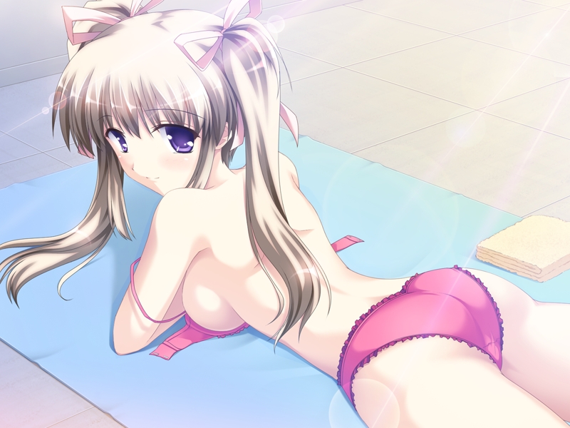miyoruno yumegi, r ken, shinguu misuzu, dareka no tame ni dekiru koto, game cg, non-web source, 1girl, arm support, ass, bikini, blonde hair, breasts, female focus, hair ribbon, hair tie, lace, lace-trimmed panties, lace trim, large breasts, lens flare, light rays, long hair, looking back, lying, on stomach, panties, pink bikini, purple eyes, ribbon, sideboob, solo, strap slip, sunbathing, sunbeam, sunlight, swimsuit, towel, trefoil, twintails, underwear, underwear only, undone, undone bikini