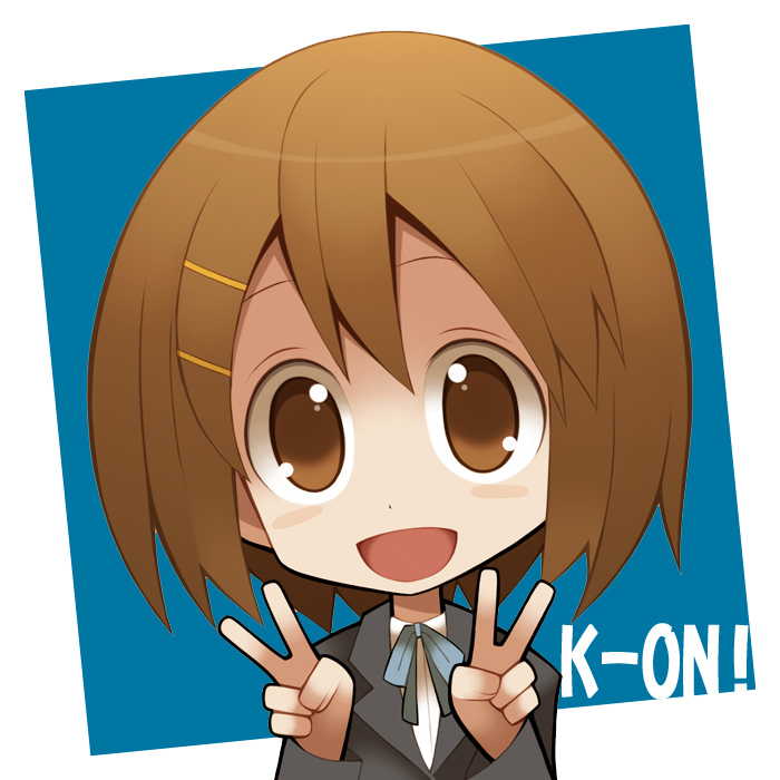 watabow, hirasawa yui, k-on!, 00s, 1girl, brown eyes, brown hair, chibi, double v, female focus, school uniform, short hair, solo, v