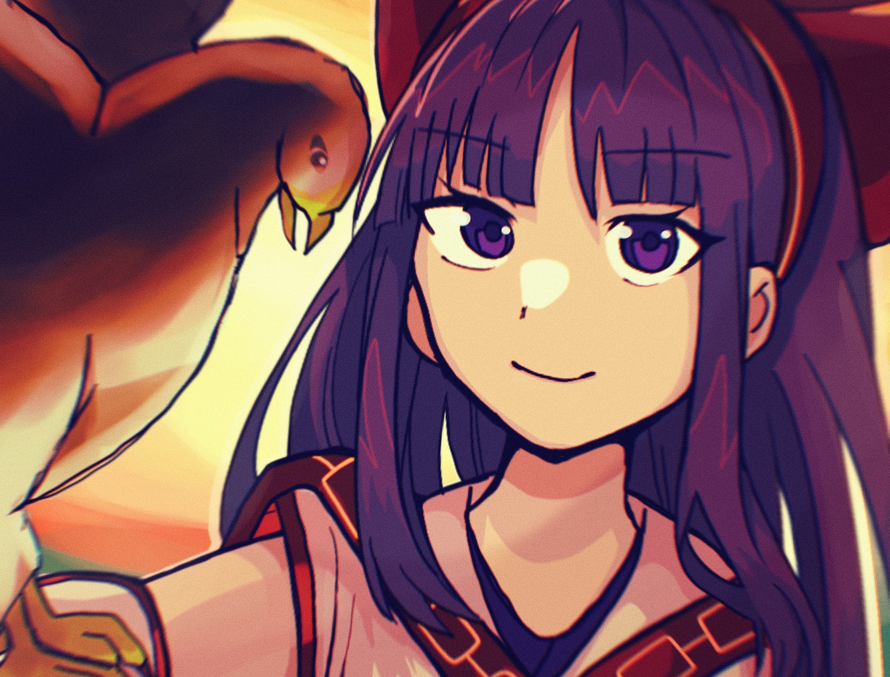 mamahaha, nakoruru, samurai spirits, snk, the king of fighters, the king of fighters xv, highres, 1girl, ainu clothes, arm up, hair ribbon, long hair, looking at viewer, purple eyes, purple hair, ribbon, smile