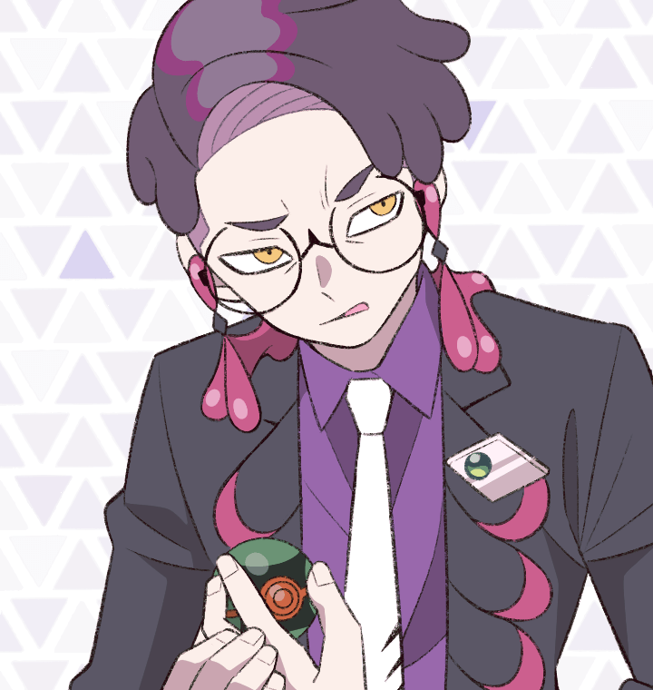 minashirazu, corbeau (pokemon), nintendo, pokemon, pokemon legends: z-a, commentary request, 1boy, black-framed eyewear, black jacket, collared shirt, dusk ball, fingernails, glasses, holding, holding poke ball, jacket, long sleeves, looking to the side, male focus, necktie, open clothes, open jacket, open mouth, parted hair, poke ball, purple hair, purple shirt, round eyewear, sanpaku, shirt, short hair, sideways glance, solo, suit jacket, tassel, upper body, white necktie, wing collar, yellow eyes