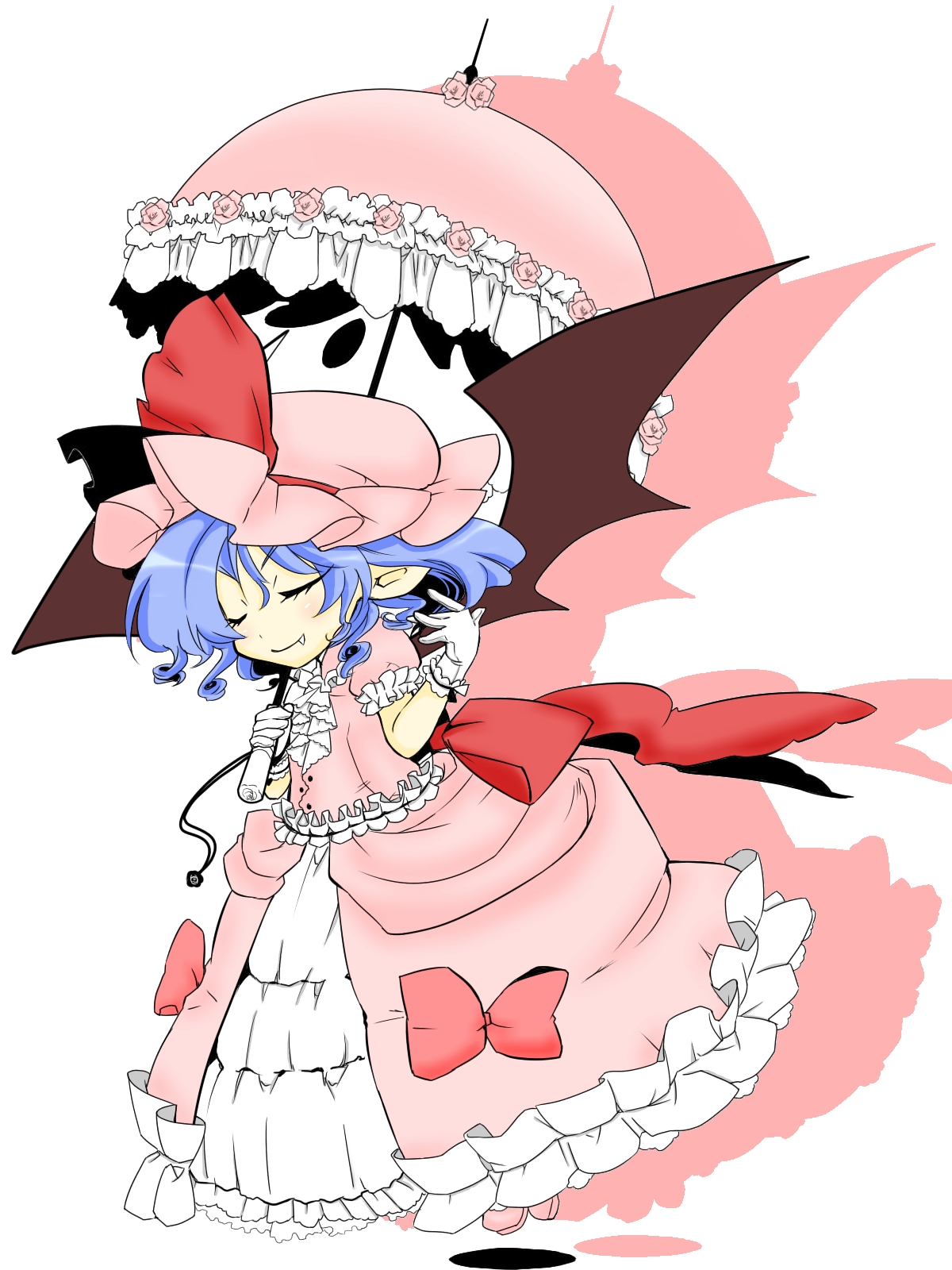 minato18, shino satoru, remilia scarlet, touhou, bad id, bad pixiv id, highres, 1girl, bat wings, blue hair, closed eyes, fang, female focus, full body, gloves, hat, pointy ears, short hair, solo, umbrella, white background, wings