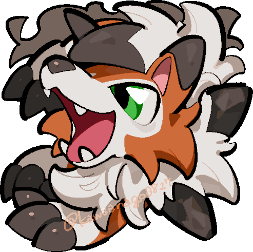 kawaanago, lycanroc, lycanroc (dusk), nintendo, pokemon, commentary request, lowres, animal focus, chibi, chibi only, claws, fangs, full body, gen 7 pokemon, green eyes, no humans, open mouth, pokemon (creature), pokemon focus, smile, solo, transparent background, twitter username