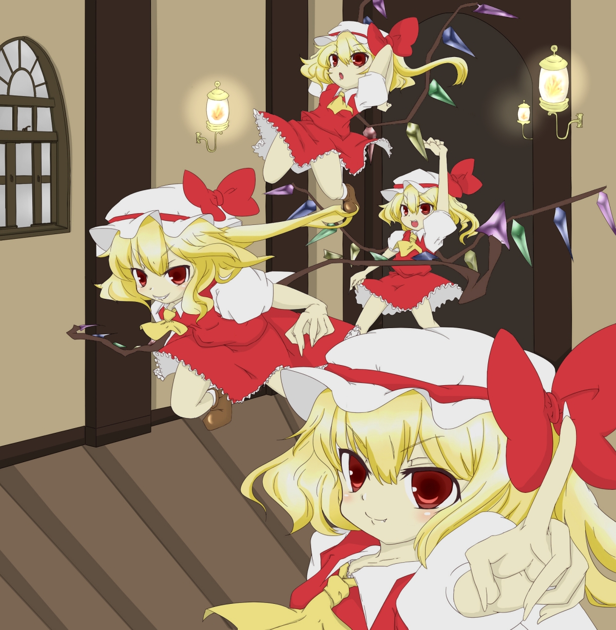 minato18, flandre scarlet, touhou, bad id, bad pixiv id, highres, 4girls, blonde hair, clone, female focus, hat, multiple girls, one side up, ponytail, red eyes, short hair, side ponytail, wings