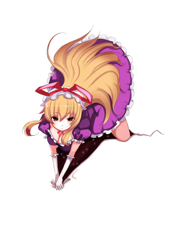 tetsubuta, yakumo yukari, touhou, 1girl, all fours, blonde hair, breasts, brown eyes, cleavage, elbow gloves, female focus, gap (touhou), gloves, hat, large breasts, long hair, simple background, solo, white gloves