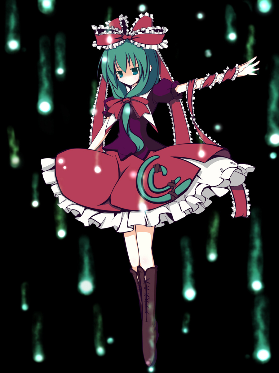 airast, kagiyama hina, touhou, bad id, bad pixiv id, highres, 1girl, blue eyes, boots, dress, female focus, front ponytail, full body, green hair, hair ribbon, ribbon, solo