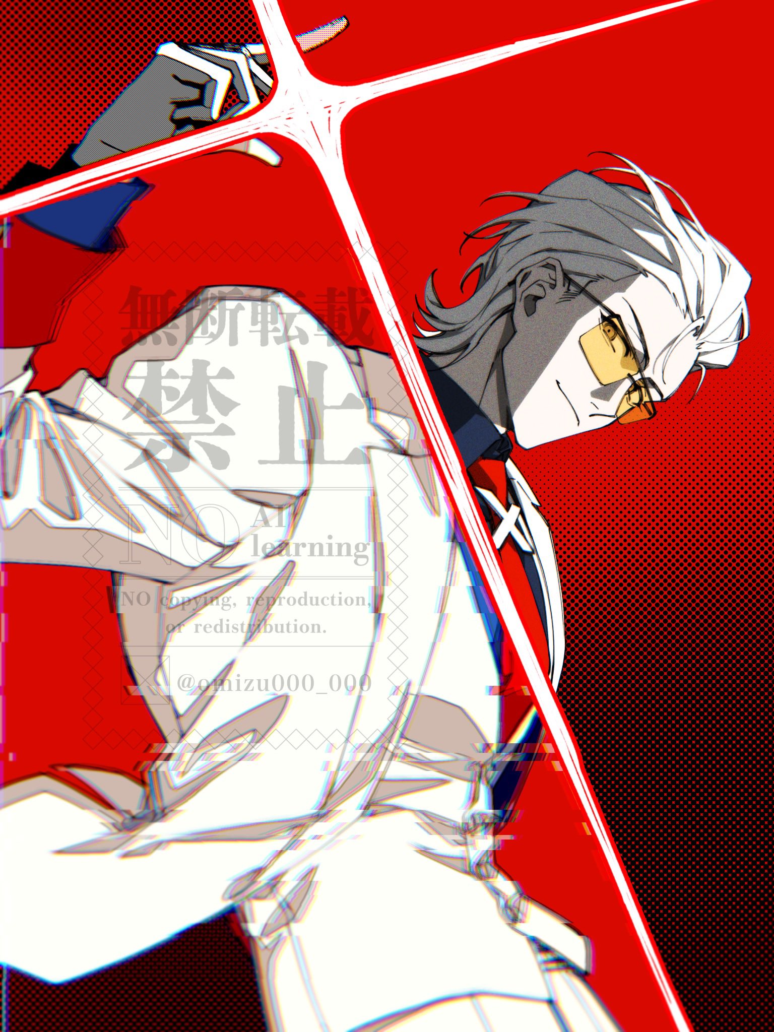 x (to be hero x), to be hero, to be hero x, highres, 1boy, black shirt, collared shirt, formal clothes, hair slicked back, jacket, light smile, looking at viewer, male focus, medium hair, necktie, omizu000 000, panties, red background, red necktie, shirt, snapping fingers, solo, suit, suit jacket, sunglasses, twitter username, underwear, upper body, veil, vest, waistcoat, white hair, white jacket, white panties, white suit, white veil, x ornament