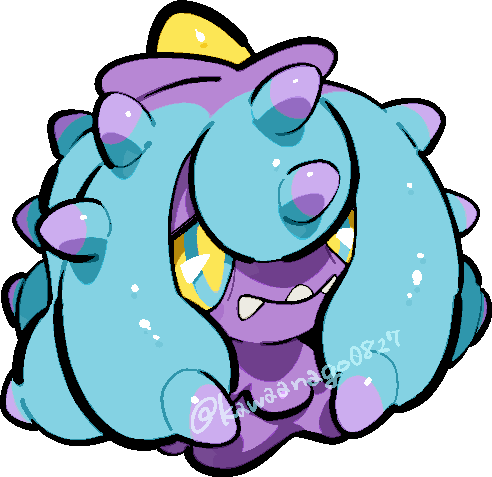 kawaanago, mareanie, nintendo, pokemon, commentary request, lowres, aqua eyes, chibi, chibi only, closed mouth, colored sclera, full body, gen 7 pokemon, no humans, pokemon (creature), pokemon focus, sharp teeth, solo, spikes, teeth, transparent background, twitter username, yellow pupils, yellow sclera