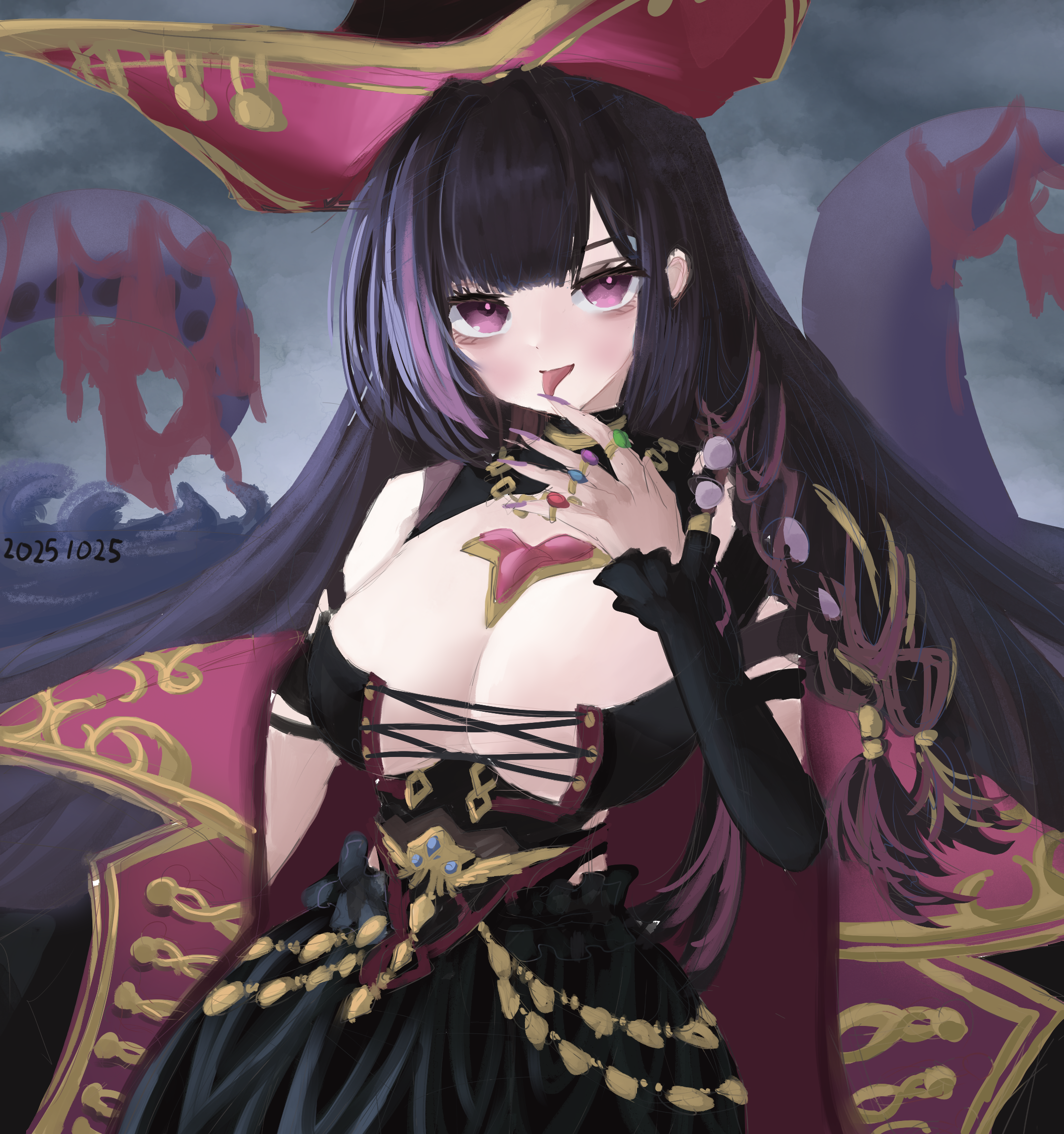 daizeroyuugekibutai, queen anne's revenge (azur lane), azur lane, highres, 1girl, black hair, breasts, cleavage, dated, hat, jewelry, large breasts, long hair, looking at viewer, multicolored hair, pirate, pirate hat, purple eyes, purple hair, purple nails, purple streaks, ring, simple background, solo, streaked hair, tentacles, tongue, tongue out