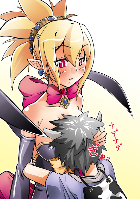 kaeru kenshi, rozalin, taro (disgaea), disgaea, makai senki disgaea 2, nippon ichi, hand on head, 1boy, 1girl, blonde hair, blush, bow, breast smother, breasts, detached sleeves, earrings, elbow gloves, gloves, headpat, hetero, hug, jewelry, large breasts, pointy ears, red eyes