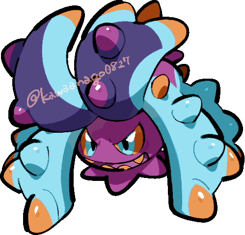 kawaanago, toxapex, nintendo, pokemon, commentary request, lowres, aqua eyes, chibi, chibi only, colored sclera, colored teeth, full body, gen 7 pokemon, no humans, open mouth, orange sclera, orange teeth, pokemon (creature), pokemon focus, sharp teeth, solo, spikes, teeth, transparent background, twitter username