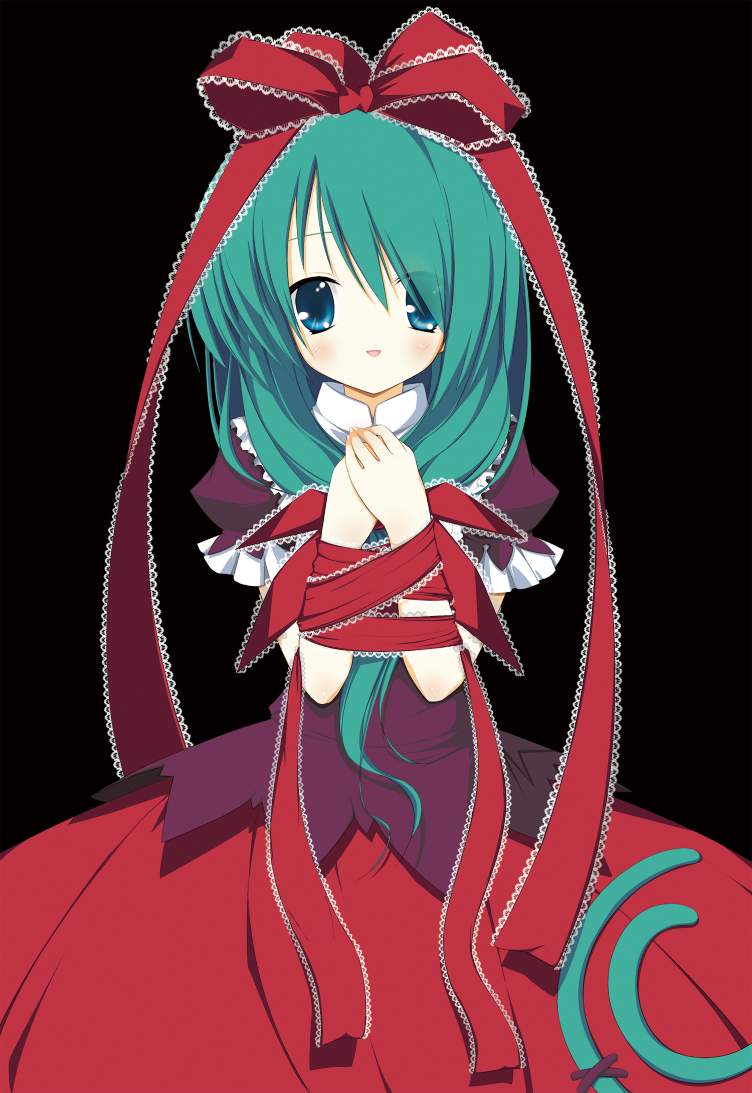 airast, kagiyama hina, touhou, bad id, bad pixiv id, highres, 1girl, blue eyes, dress, female focus, front ponytail, green hair, hair ribbon, ribbon, solo