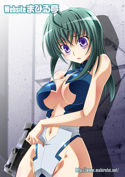 izumi mahiru, kannagi itsuki, sora wo kakeru shoujo, pilot suit, 00s, 1girl, :o, against wall, ahoge, bare shoulders, blue eyes, blush, bodysuit, breasts, center opening, cleavage, covered erect nipples, cowboy shot, facial mark, female focus, from side, green hair, groin, gun, halterneck, hand on own stomach, handgun, head tilt, highleg, highleg leotard, large breasts, leotard, long hair, looking at viewer, navel, open mouth, raised eyebrows, shadow, solo, turtleneck, watermark, weapon, web address
